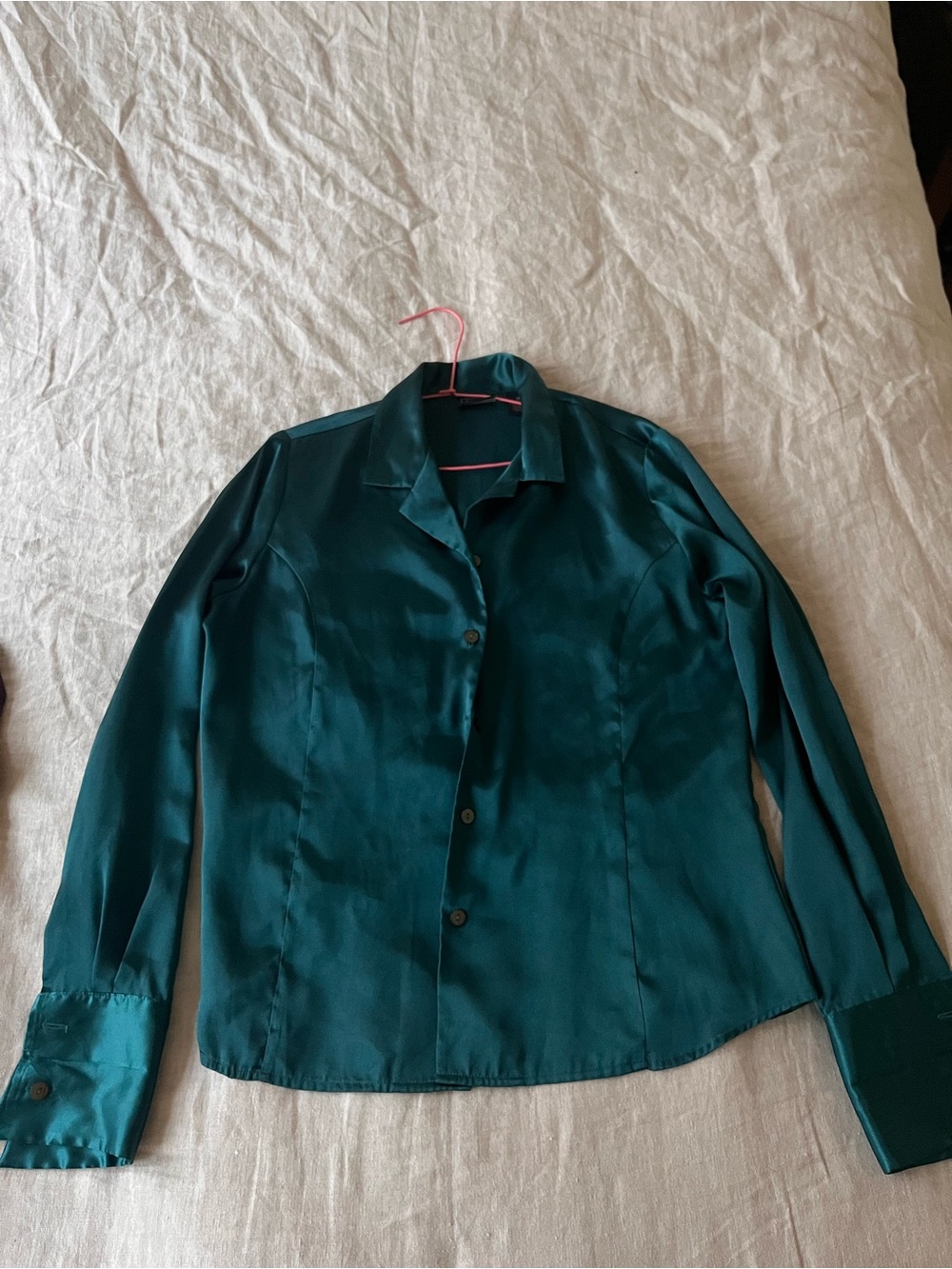 Women's Deep Teal Satin Button-Up Blouse Blue Green, Medium.